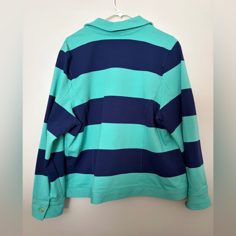 Rugby Striped Cotton Blend Knit Turquoise and Navy Striped Jacket - Picture 3 of 6